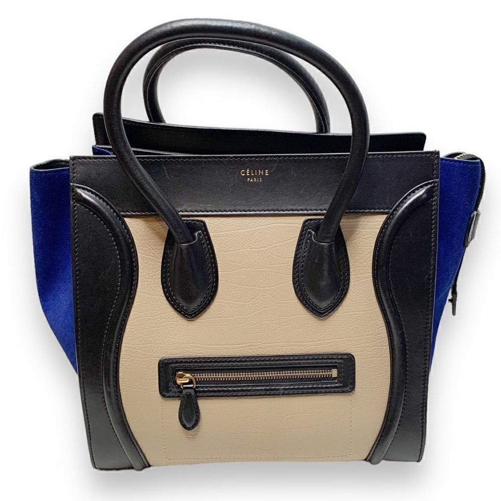 CELINE Tri-Color, Tan Calfskin Leather, Blue Suede, Black Trim Luggage Tote Bag
